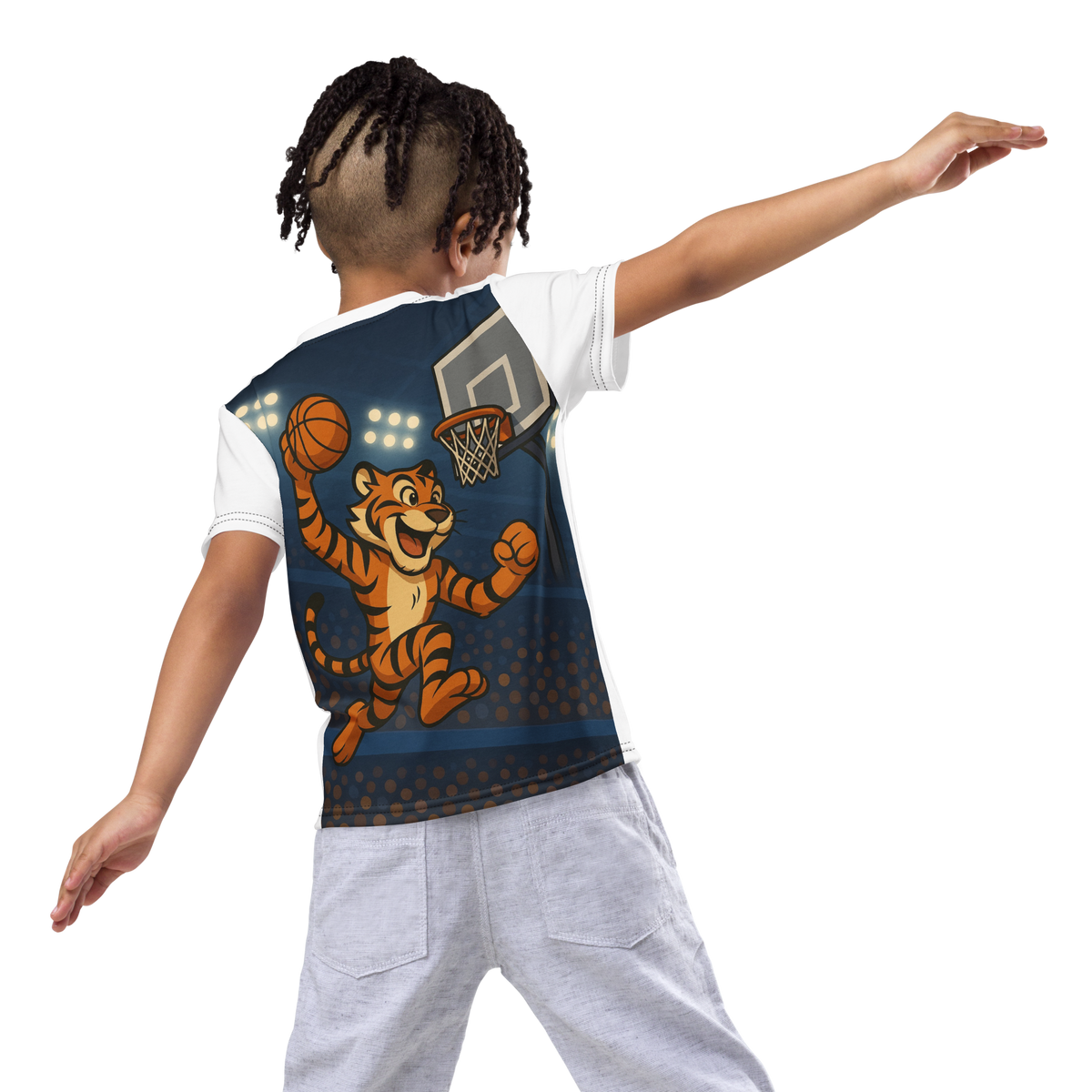 Kid wearing a Stadium Legends basketball T-shirt