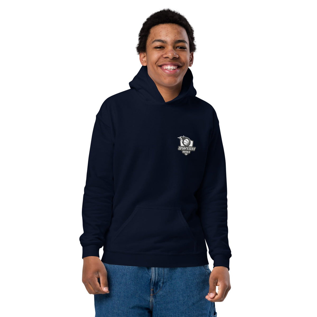 Kid wearing the navy Junior Squad basketball hoodie