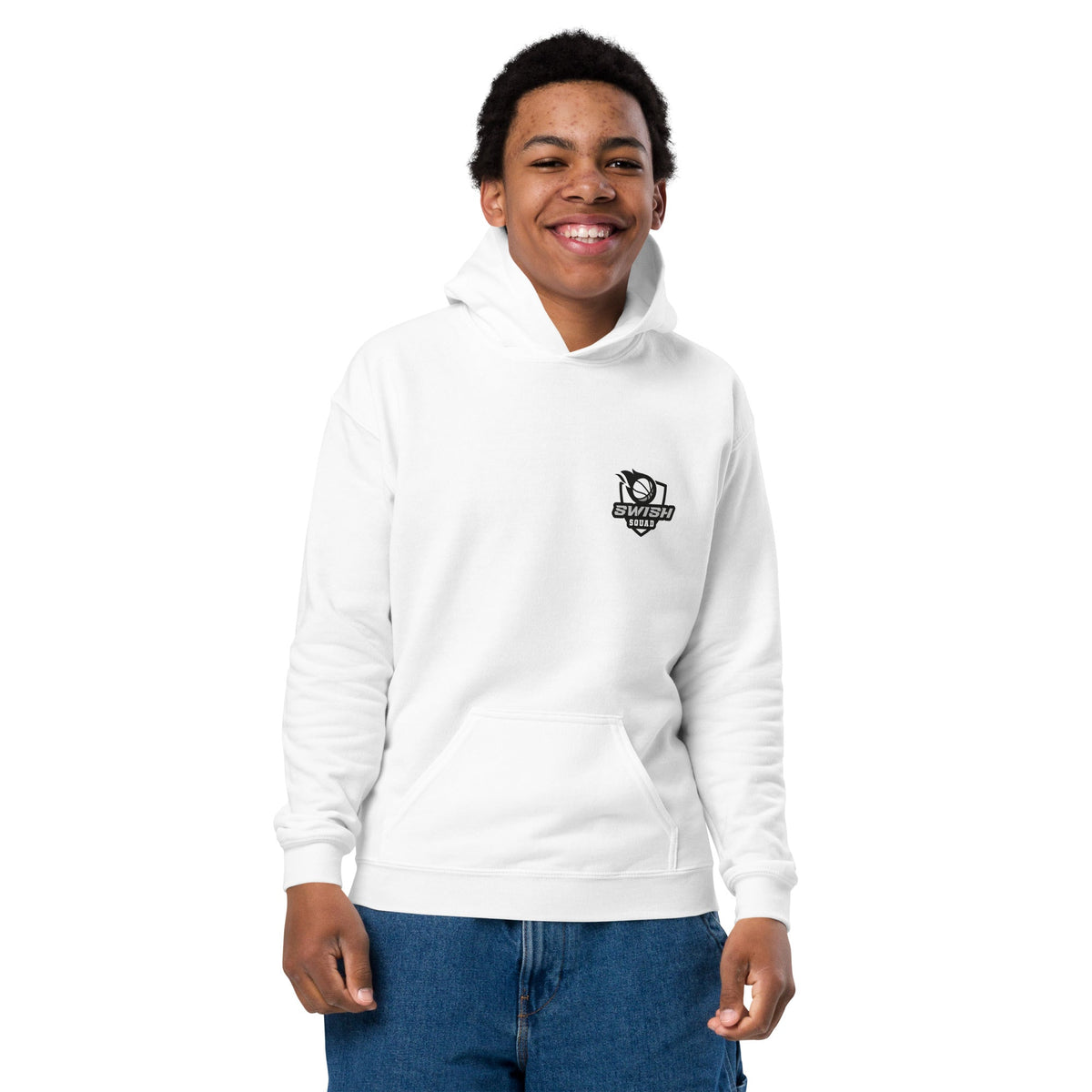 Kid wearing the white Swish Squad Junior Squad hoodie, ready for basketball practice